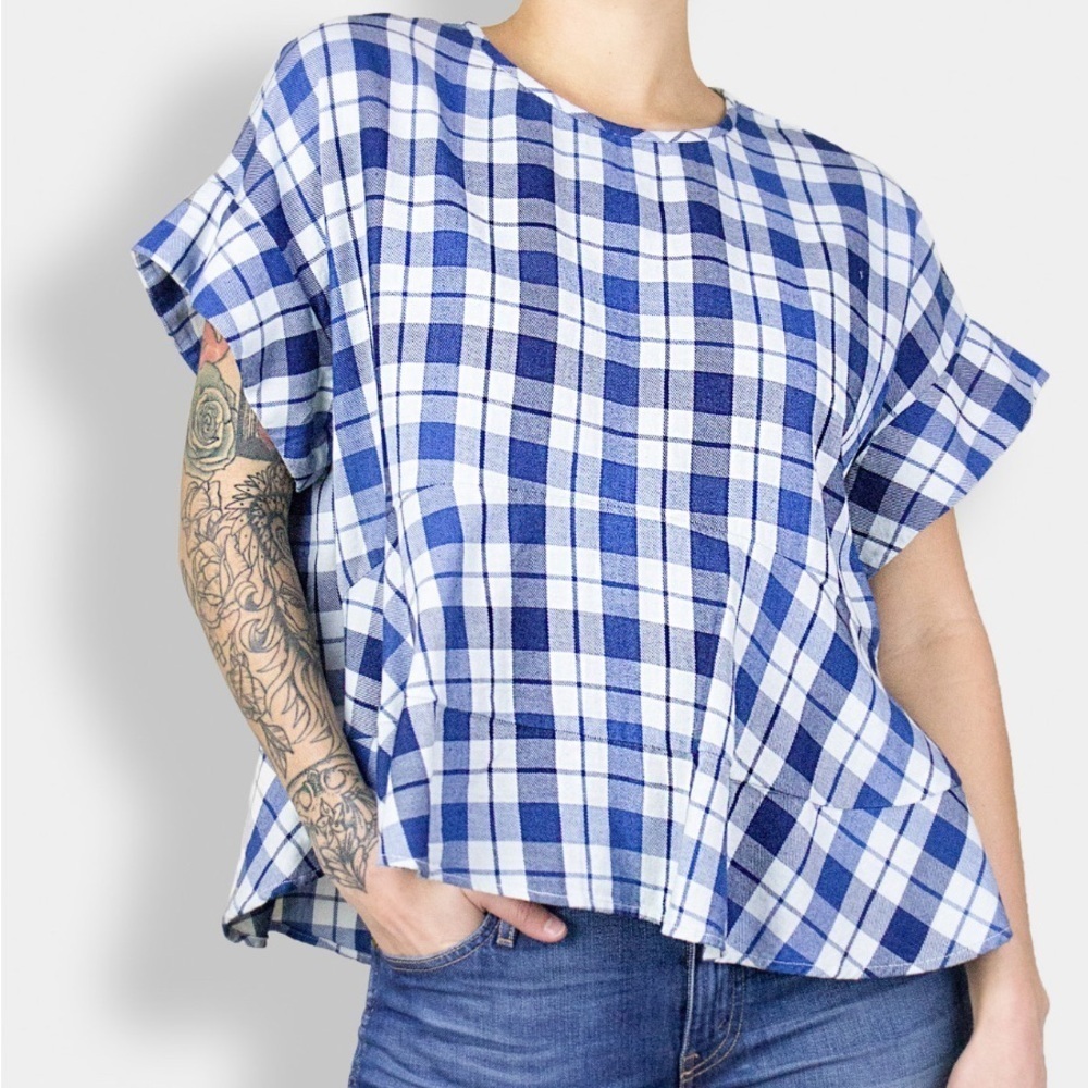 THE GREAT. Twirl top blue picnic plaid 💯 cotton flowing - AS IS see pictures M